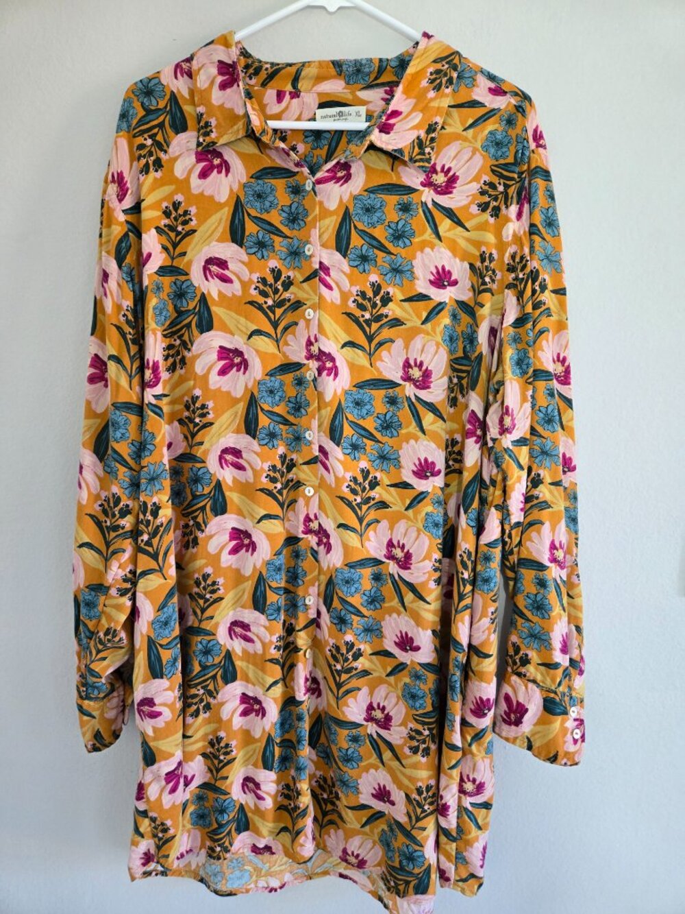 Natural Life Georgia Shirt Dress in Orange Pink Floral Boho Long Tunic size XL